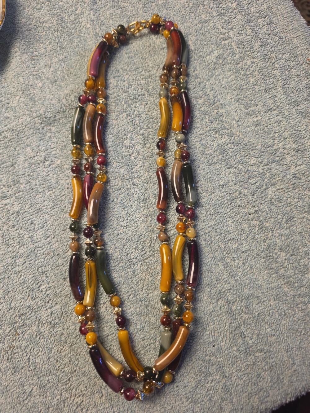 Vintage Multi Strand Agate Statement Necklace Earth Tone Noodle Bead Chunky VTG